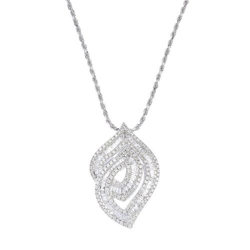 (542274-1-A) A diamond pendant. Designed as a baguette-cut diamond looped line, with brilliant-cut d