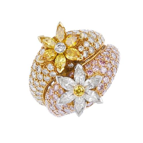 (542274-2-A) A diamond and coloured diamond floral dress ring. The pave-set 'pink' and near-colourle