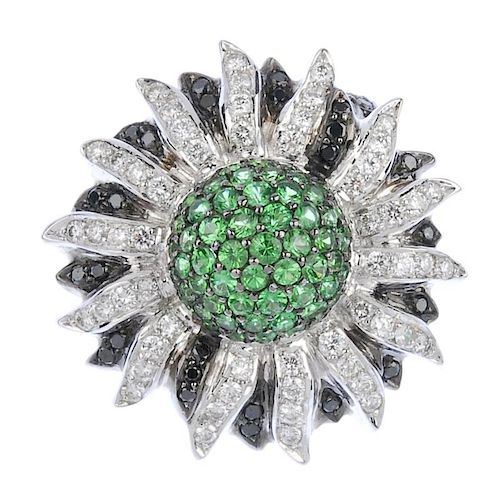 (542274-3-A) A diamond and gem-set floral dress ring. The pave-set tsavorite garnet cluster, with br