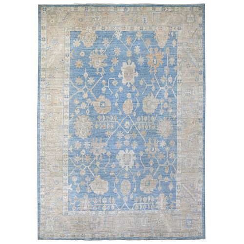Hand Knotted Blue and Cream Angora Oushak Oriental Carpet