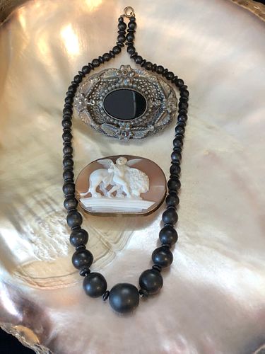 Two Antique Cameo Brooches and Black Bead Necklace