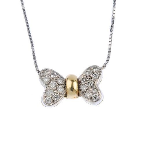 (176761) A diamond pendant. Designed as a pave-set diamond butterfly, to the fine box-link chain sid