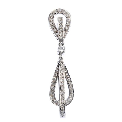 (176761) Two diamond pendants. The first designed as two pave-set diamond pear-shaped droppers suspe
