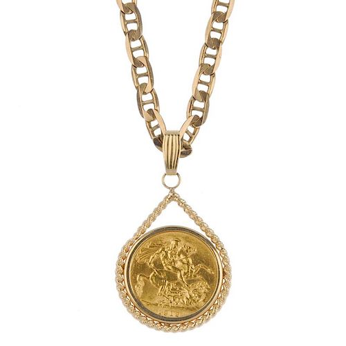 (57561) A sovereign coin pendant. The sovereign, dated 1912, within a 9ct gold rope-twist teardrop m