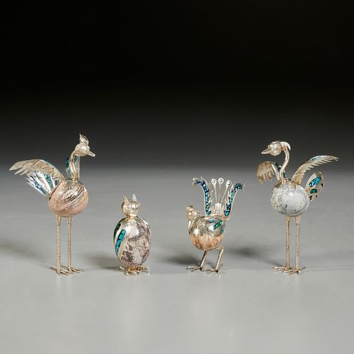 (4) Mexican sterling, turquoise & stone birds