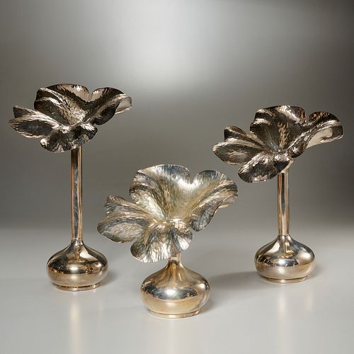 (3) Baullar style silver plated petal vases