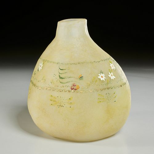 Unusual enameled pate de verre glass vase