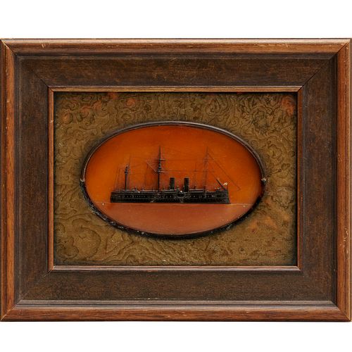 Carved horn & shell ironclad steamship silhouette