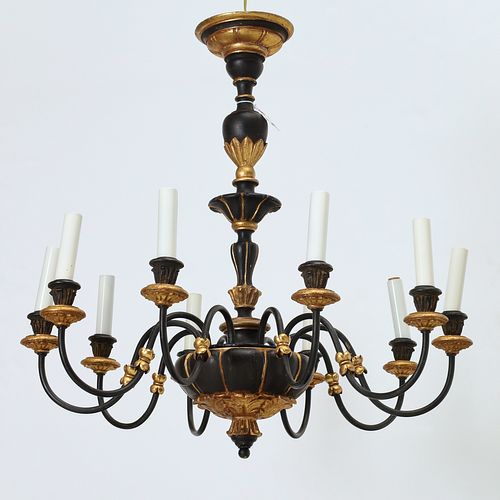 Empire style gilt and ebonized 10-arm chandelier