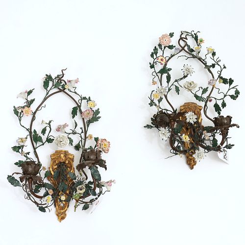 Pair French tole, giltwood and porcelain sconces