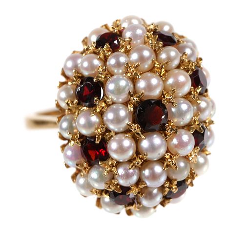 18K Yellow Gold Garnet Cultured Pearl Dome Ring