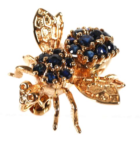 14K Yellow Gold Sapphire Bee Pin Brooch Pendant
