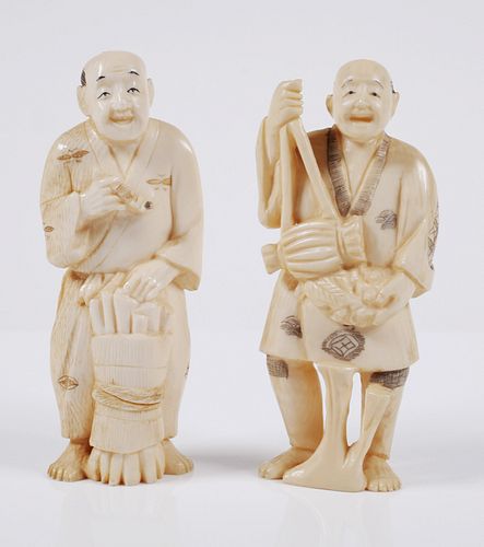 Pair Old Chinese Carved Ivory Figurines 