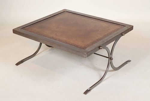 Modern Tooled Leather-Inset Metal Low Table