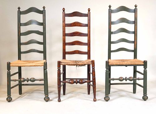 Pair of Green-Painted Ladderback Side Chairs