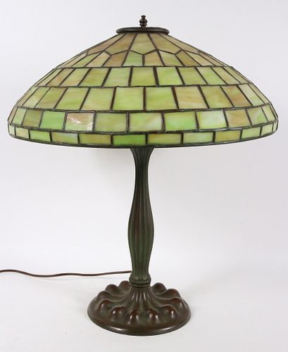 Art Nouveau Style Metal & Slag Glass Table Lamp