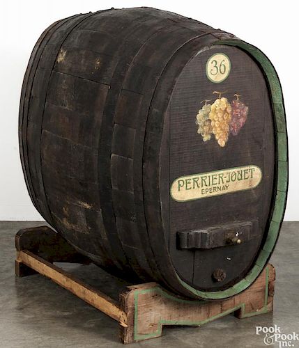 Large French wine barrel, ca. 1900, inscribed Perrier-Jouet - Epernay, on stand, 41'' h., 20'' w.