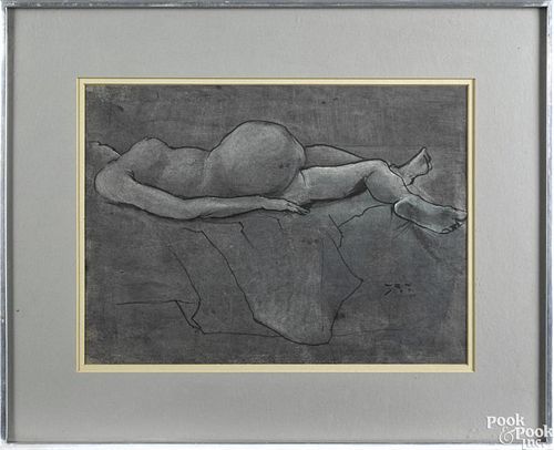 Pencil and graphite sketch of a nude, signed indistinctly, 11 1/2'' x 15 1/2''.