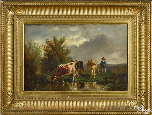 English oil on canvas landscape, 19th c., in the manner of Moran, 10 1/2'' x 16''.