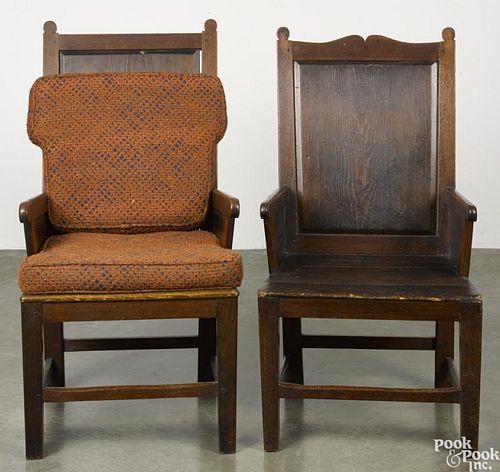 Pair of George I style oak and pine wainscot armchairs, late 19th c.