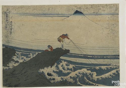 Three Japanese woodblock prints, 19th/20th c., to include Fisherman and Mount Fugi, after Hokusai