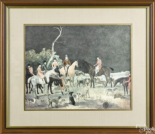 After Ferneley, reflective lithograph of a hunt scene, 16'' x 20''.