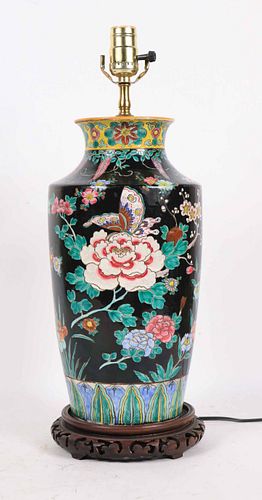 Chinese Famille Noir Porcelain Vase Table Lamp