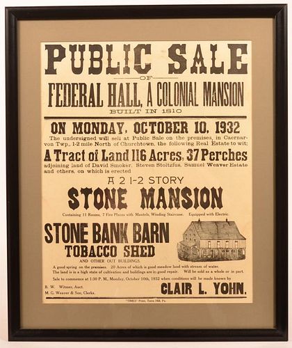Public Sale Broadside of Stone Mansion and Barn