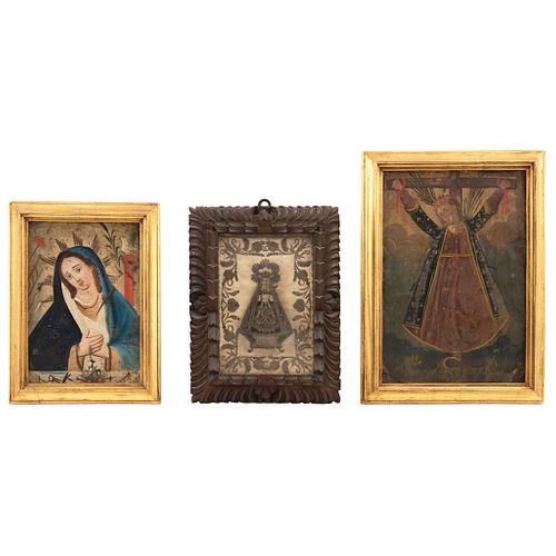 Lote de tres imágenes religiosas. México, S XX.  Santa Librada, Virgen dolorosa y Ntra. Sra. De la Soledad de Santa Cruz. Óleos.