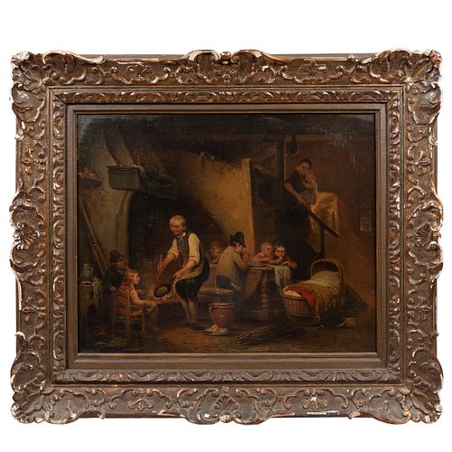 A. Pez. Escena familiar. Firmado y fechado 1852. Óleo sobre tela. 48 x 60 cm. Detalles de conservación.