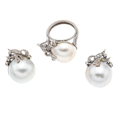 Anillo par de aretes vintage con medias perlas y diamantes en plata paladio 3 medias perlas cultivadas color gris de 16 mm 51 diamantes