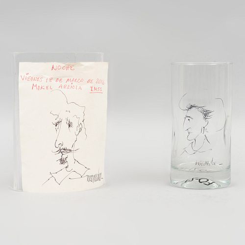 Lote de 2 bocetos. Leonardo Nierman. Consta de:  Vaso con autorretrato. Firmado y fechado.  Boceto de Mikel Arriola.