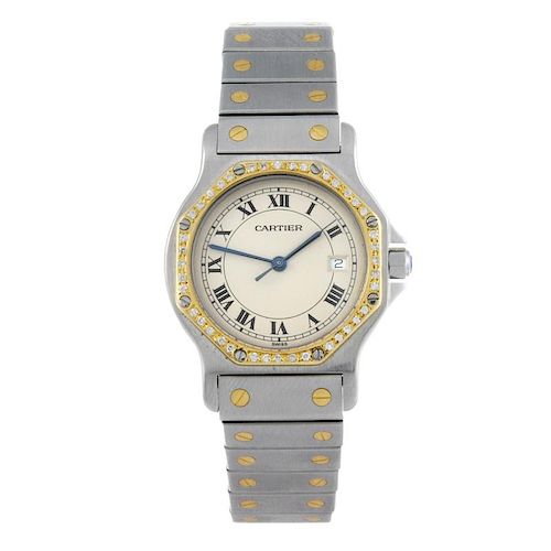 CARTIER - a Santos Ronde bracelet watch. Stainless steel case with yellow metal diamond set bezel. R