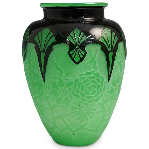 Steuben Mirror Black Cut To Jade Cliffwood Vase