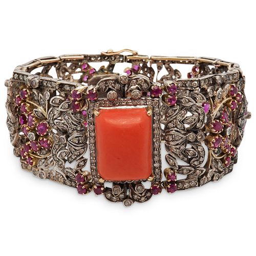 Antique Vermeil Sterling, Coral, Ruby and  Diamond Bracelet