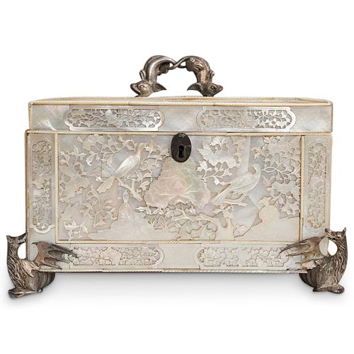 Antique Chinese Mother Of Pearl and  Silver Tea Caddy