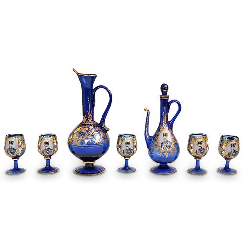 (7 Pc) Qajar Persian Blue Glass Tea Set