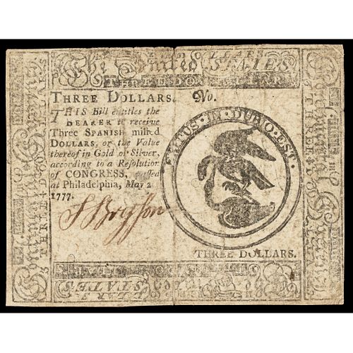 Continental Currency, May 20, 1777, $3 First THE UNITED STATES titled Issue VF