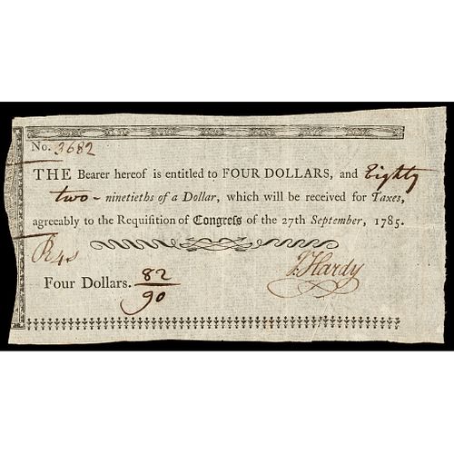 Sept. 27, 1785 Continental Congress Federal Indent, Four and 82/90th of a Dollar