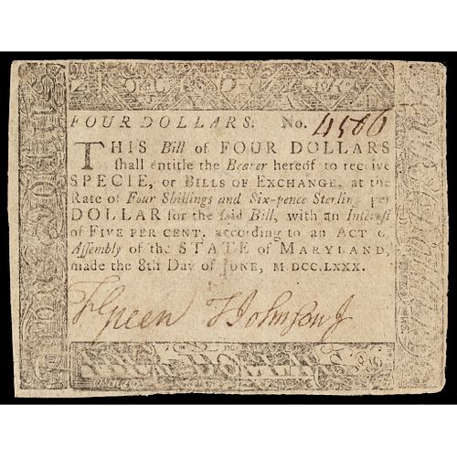 Colonial Currency, Maryland, June 8, 1780 $4 BLACK MONEY Issue Note Rarity