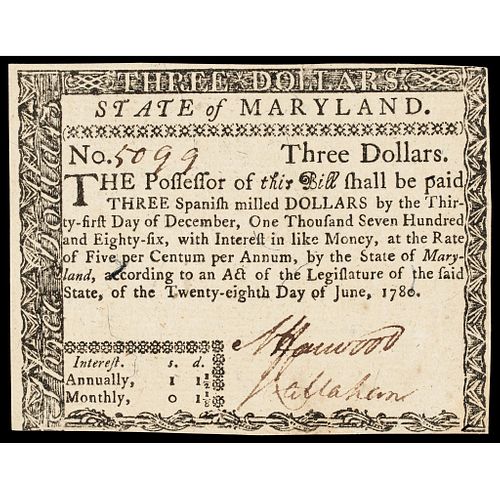 Colonial Currency, MD June 28 1780, $3 Guaranteed Issue. Fully Signed. Choice AU