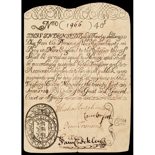 Colonial Currency, 1708 Massachusetts Colonial Note Major Rarity PCGS EF-40