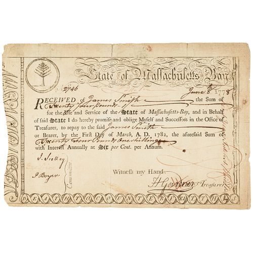 June 1778 American Revolutionary War Massachusetts Bay Treasury Loan Certificate