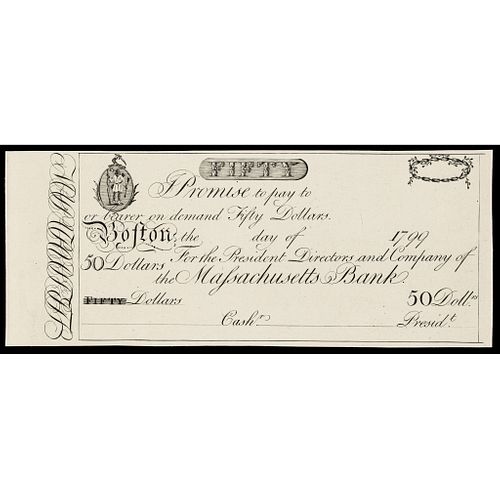 1799 Massachusetts Bank Boston $50 PMG Gem Unc-65 EPQ Early Reprint Proof