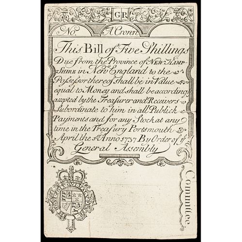 Colonial Currency, New Hampshire April 1, 1737 5 Shillings c. 1850 Cohen Reprint