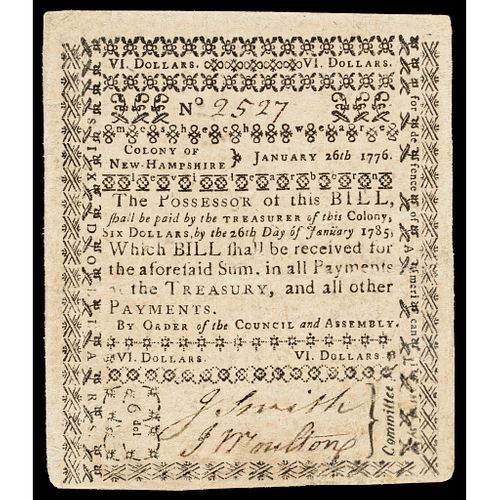 Colonial Currency, January 26, 1776 New Hampshire Six Dollars Portsmouth Issue