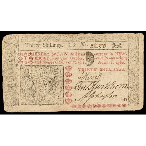 Colonial Currency, New Jersey. April 12, 1760. Thirty Shillings. Plate D. VF