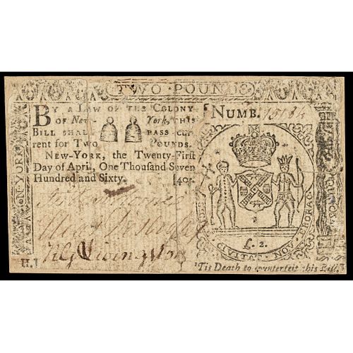 Colonial Currency, Scarce New York. April 21, 1760. Two Pounds. Backed. Fine