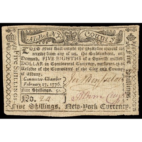 Colonial Currency, N.Y. City of Albany Feb. 17, 1776. 5s in CONTINENTAL CURRENCY
