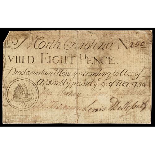 Colonial Currency, March 9, 1754 NC. Eight Pence. Butterfly Vignette. PCGS F-15